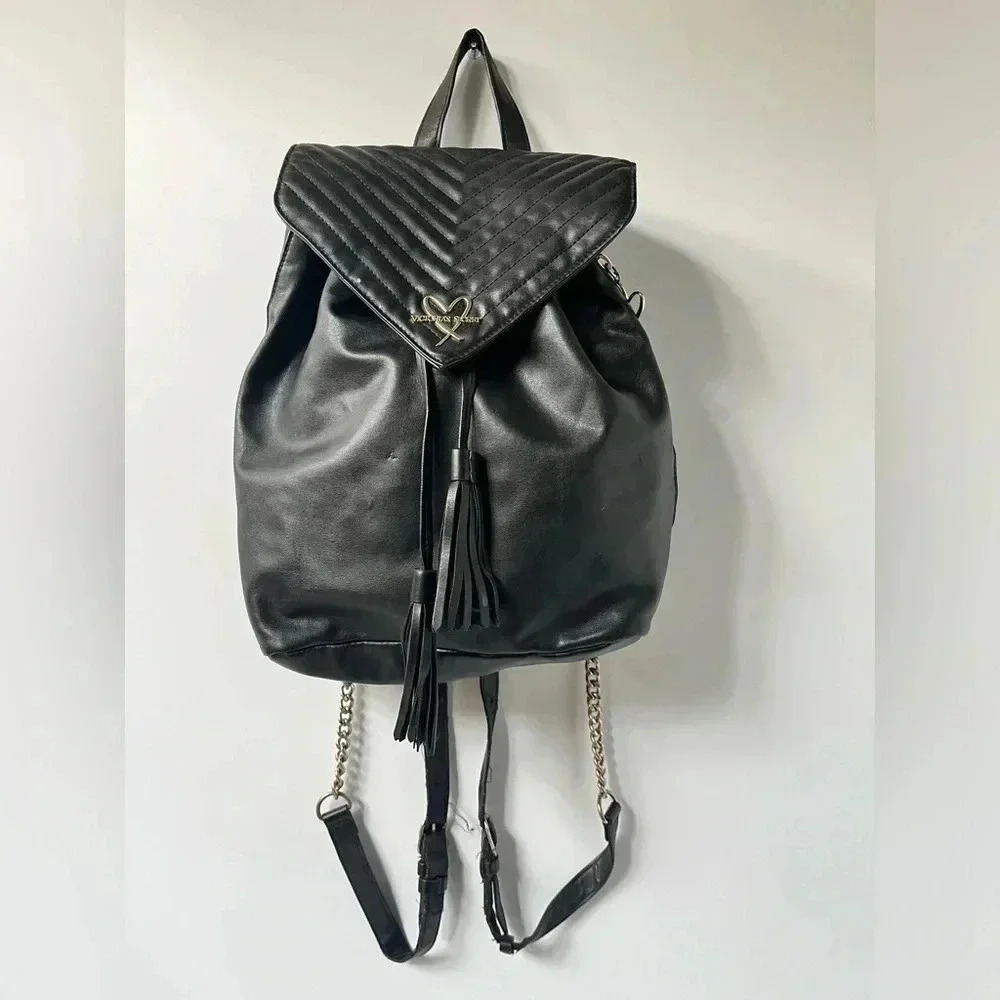 Victoria's Secret Black Semi Quilted Chain Strap Backpack